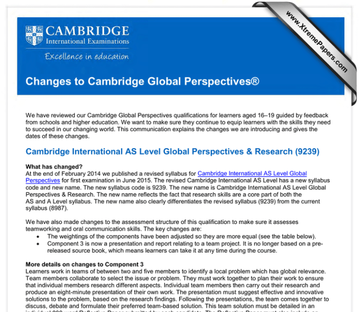 Perspectives cambridge aice reflective emphasis puts lower essay learner xtremepapers changes